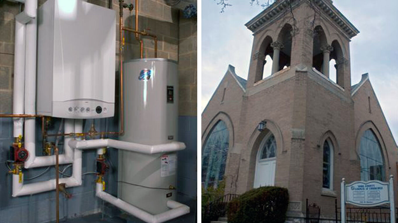 York County Council Of Churches split image of water heater and the outside of the brick church.